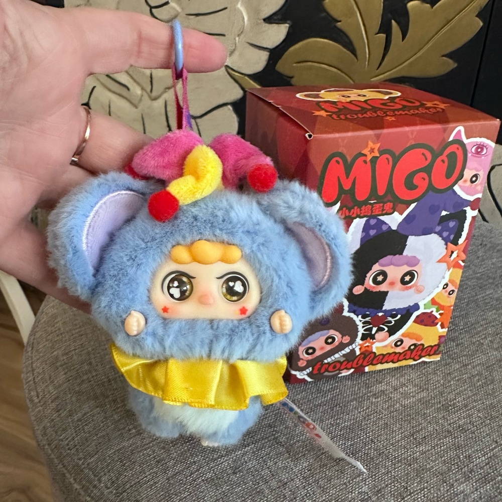 Blue Migo Trouble Maker Jester Plush Toy with Yellow and Pink Accents